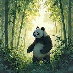 A digital painting showcases a panda standing amidst a verdant bamboo forest, its gaze directed upwards and to the left, with the sun's rays filtering through the bamboo foliage.