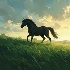 A silhouetted horse is captured in motion against a sky filled with clouds at sunset, its mane flowing in the wind, and grassy terrain beneath it.