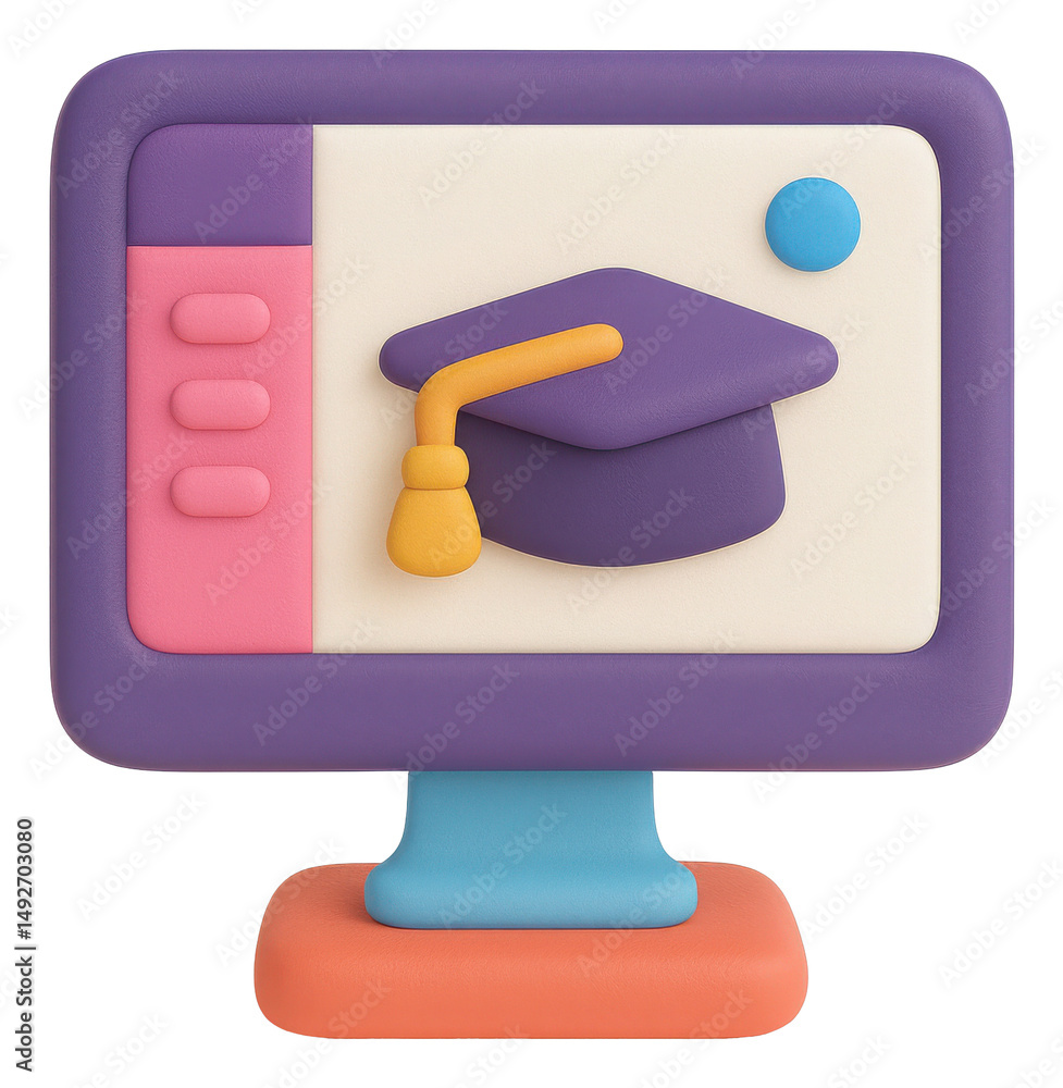 Poster purple computer screen displaying graduation cap 3d render