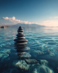 Obraz premium Stacked stones in tranquil water, zen balance art, peaceful scene, serene nature, low angle, calm lake, relaxation concept