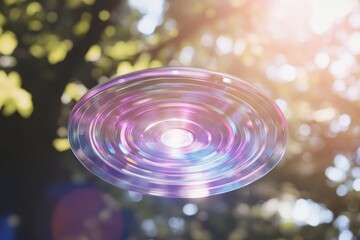 Colorful and Futuristic Flying Disc Hovering Above Sunlit Forest Setting with Bright Sun Rays and Soft Focus Background Creating a Magical Atmosphere
