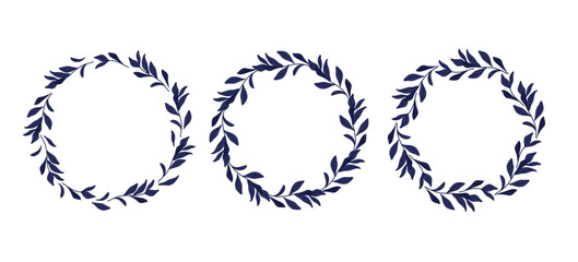 Fototapeta premium Blue Leaves Round Frame set. Twigs wreath. Plant frame. Vector flat Illustration. Natural Wreath isolated on white background For save date, inscriptions For birthday, wedding, Holidays celebrations
