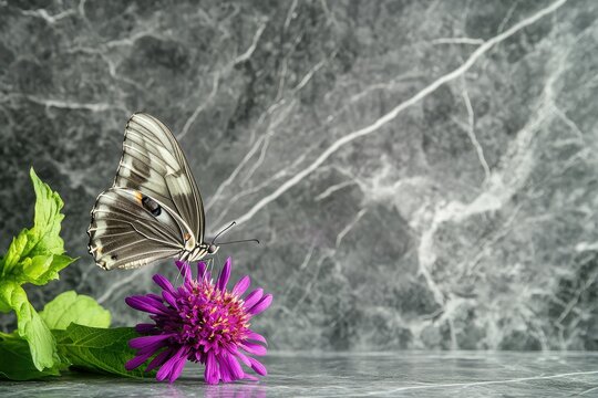A graceful butterfly with black and white wings delicately perched on a vibrant purple flower against a marble background.