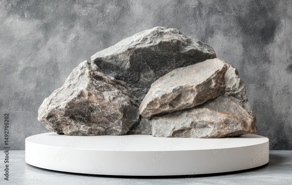 Poster a minimalist display setting featuring a circular pedestal against a textured rocky backdrop. ideal 