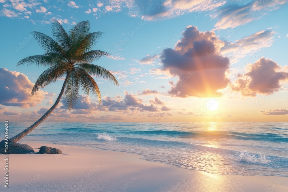 Poster a serene beach scene at sunset with a palm tree leaning over the gentle waves. casting shadows on th