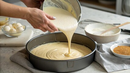 Batter being poured into a round cake pan on a kitchen counter.