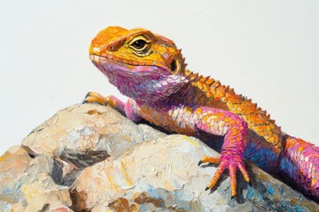Obraz premium Vibrant bearded dragon basking on sun-drenched rocks, showcasing striking colors and textures.