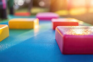 Colorful building blocks arranged on a bright surface in a soft-focus outdoor setting, capturing the beauty of playtime and creativity in daylight.