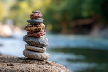 Stack of Stones by Riverbank in Nature Photography Style; Zen Rocks Piled for Balance and Meditation in Natural Setting; Outdoor Still Life