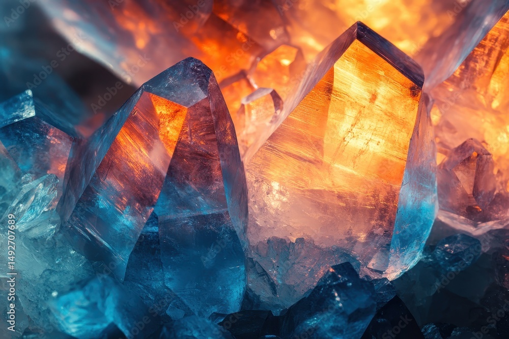 Poster sharp blue crystals glow with warm orange light from within the mineral structure. use it for design