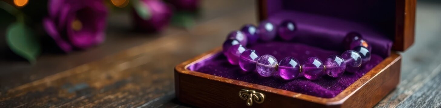 Luxury amethyst bracelet gift Elegant box, wooden table , purple, gift, accessories