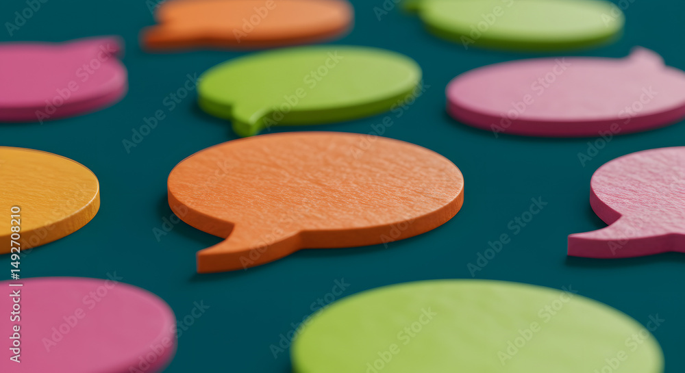 Poster colorful speech bubble shapes in various sizes and hues are scattered across a dark surface, creatin