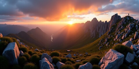 Panoramic Sunset Over Majestic Mountain Peaks with Lone Hiker