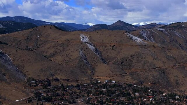 Snowy Lookout Mountain Indian Peaks windy road Genesse Morrison Golden Evergreen aerial drone view Colorado winter sunny morning afternoon Buffalo Bills Grave blue sky clouds Rocky Mountains upwards