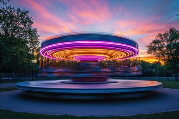 Colorful Carousel in Motion Under a Stunning Sunset Sky with Vibrant Colors and a Sense of Joyful Nostalgia in a Serene Outdoor Setting