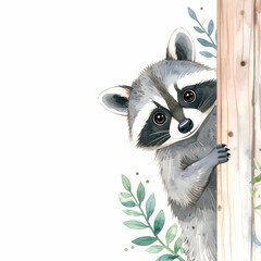 Whimsical Raccoon's Peek: A charming illustration of a curious raccoon peeking from behind a wooden structure with playful foliage, showcasing nature's gentle charm and a touch of childlike wonder.