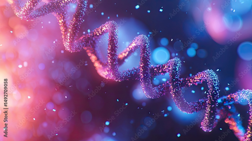 Poster a vibrant. abstract representation of a molecular structure illuminated by colorful bokeh lights. sy