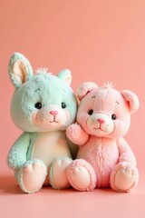 Pastel plush toys, whimsical arrangement, peach backdrop, macro, art, whimsical