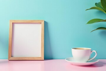 Obraz premium Pastel pink table, blue wall backdrop, empty frame mockup, succulent, hot drink , succulent, minimal