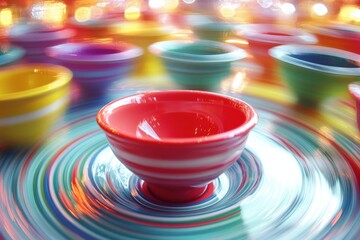 Colorful Ceramic Bowls Spinning on a Vibrant Surface with a Blurred Background, Capturing the Essence of Whirling Motion in an Artistic Display of Colorful Harmony