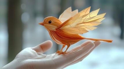 Delicate orange bird held in hand, soft light