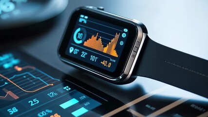 smartwatch displaying data analytics on screen with tablet device, technology advancement shown - Powered by Adobe