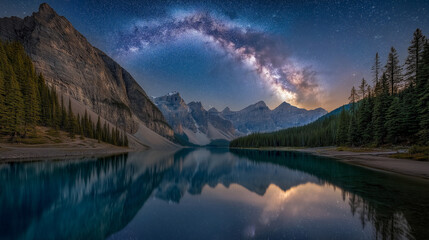 Fototapeta premium A mesmerizing night scene of a starry lake and mountains