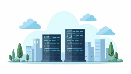 Flat Modern Cloud Data Center Design: Optimized Energy Management & Security for Enterprise Digital Operations - Cute Vector Illustration