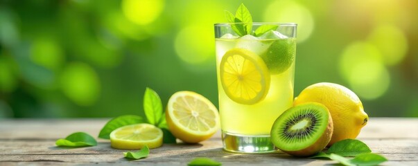 Refreshing kiwi lemon detox water with vibrant fruits & leaves, ingredients, lifestyle