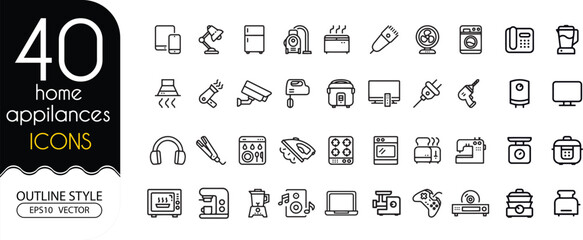Set of 50 outline icons related to Home appilances. Linear icon collection. Line Editable Icons set. Vector illustration, EPS10