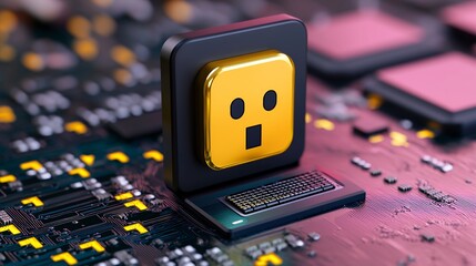 Gold Emoticon Chip on Circuit Board Close up Digital Render