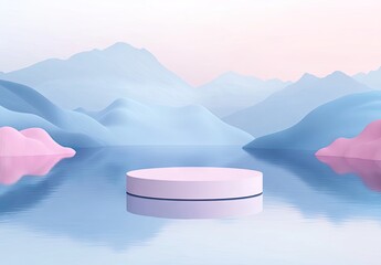 Serene landscape featuring a pink circular platform on tranquil water. surrounded by misty mountains under a pastel sky. ideal for showcasing products or artistic presentations