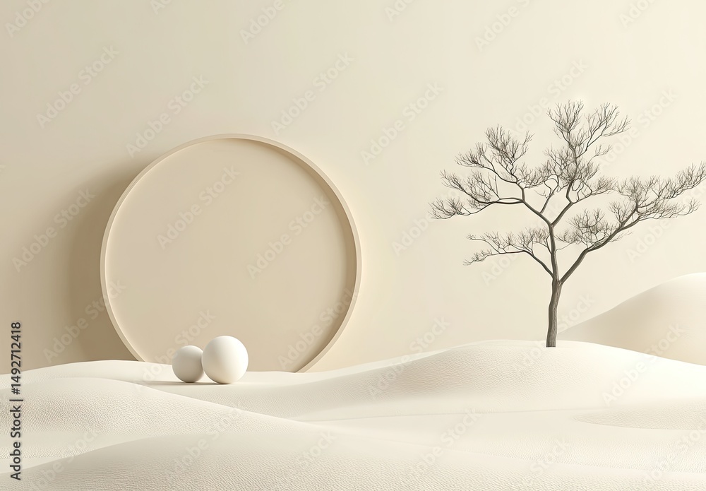 Poster a serene minimalist scene featuring a solitary tree beside a smooth circular backdrop. with soft lig