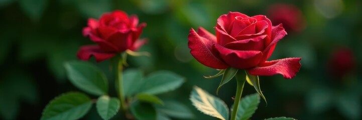 Velvet red rose, dew-kissed petals, lush green leaves, background, still life