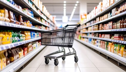 Empty Shopping Cart in Supermarket Aisle