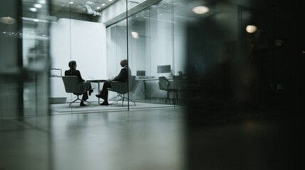 Business people in a modern office building engaged in discussion. Cinematic lighting adds a moody, artistic touch to a professional and stylish corporate atmosphere.