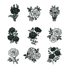 Black and white set flowers silhouette on a white background. Rose vinyl vector