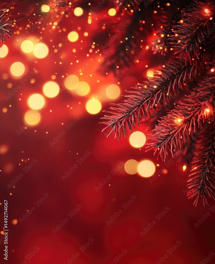 Poster a beautifully decorated christmas tree branch adorned with vibrant lights. set against a blurred red