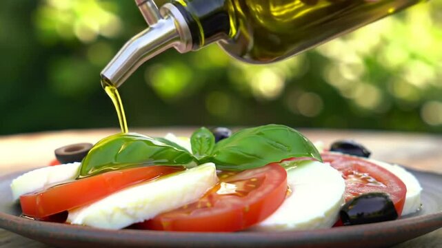 Golden Olive Oil Being Poured Over A Caprese Salad of Tomato Mozzarella and Basil Leaves on Wooden Plate With Blurred Foliage Background in Close Up Shot, Perfect For Decoration