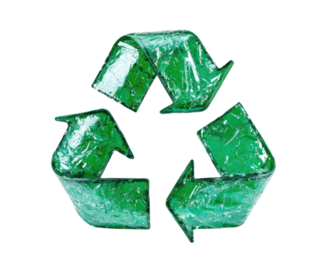 Green recycling symbol made from shattered plastic pieces