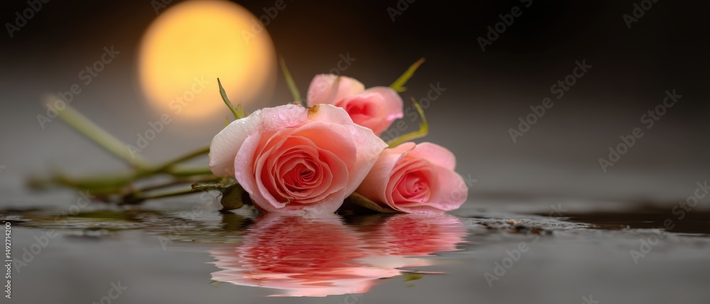 Poster three pink roses resting on water surface with reflection and soft light in studio setting