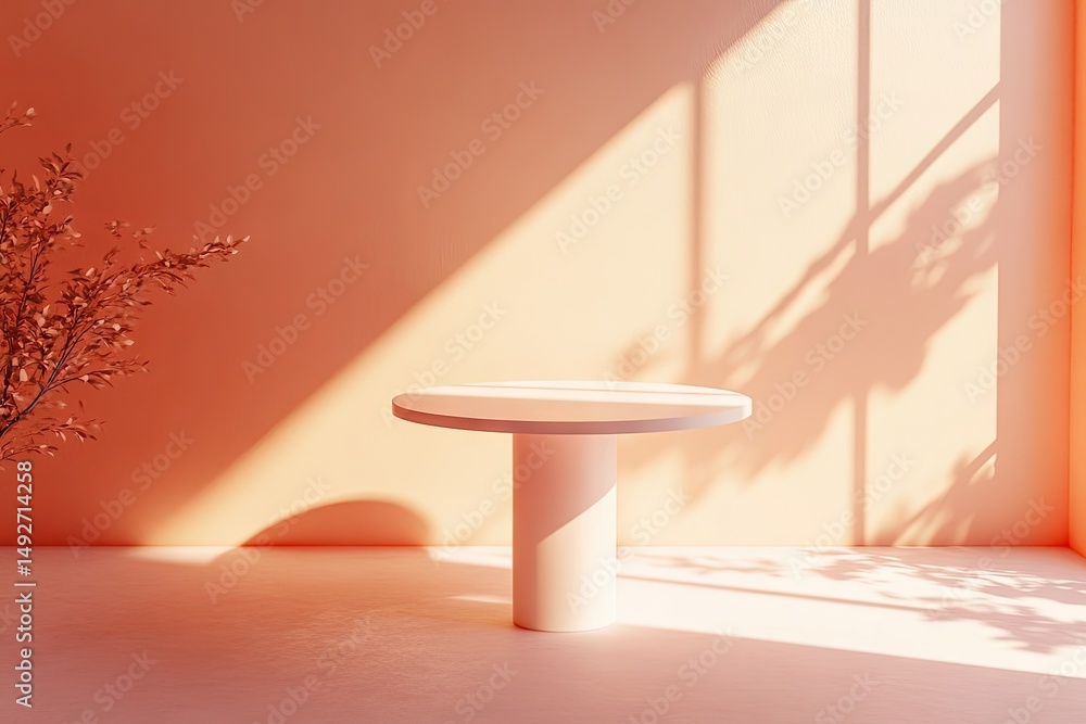 Poster a serene interior scene featuring a round table with minimalist orange and pink vases. bathed in sof