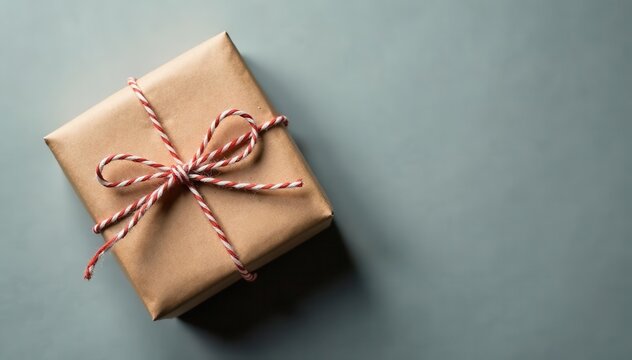 Wrapped gift, craft paper, twine bow, grey backdrop , grey, top view, elegant