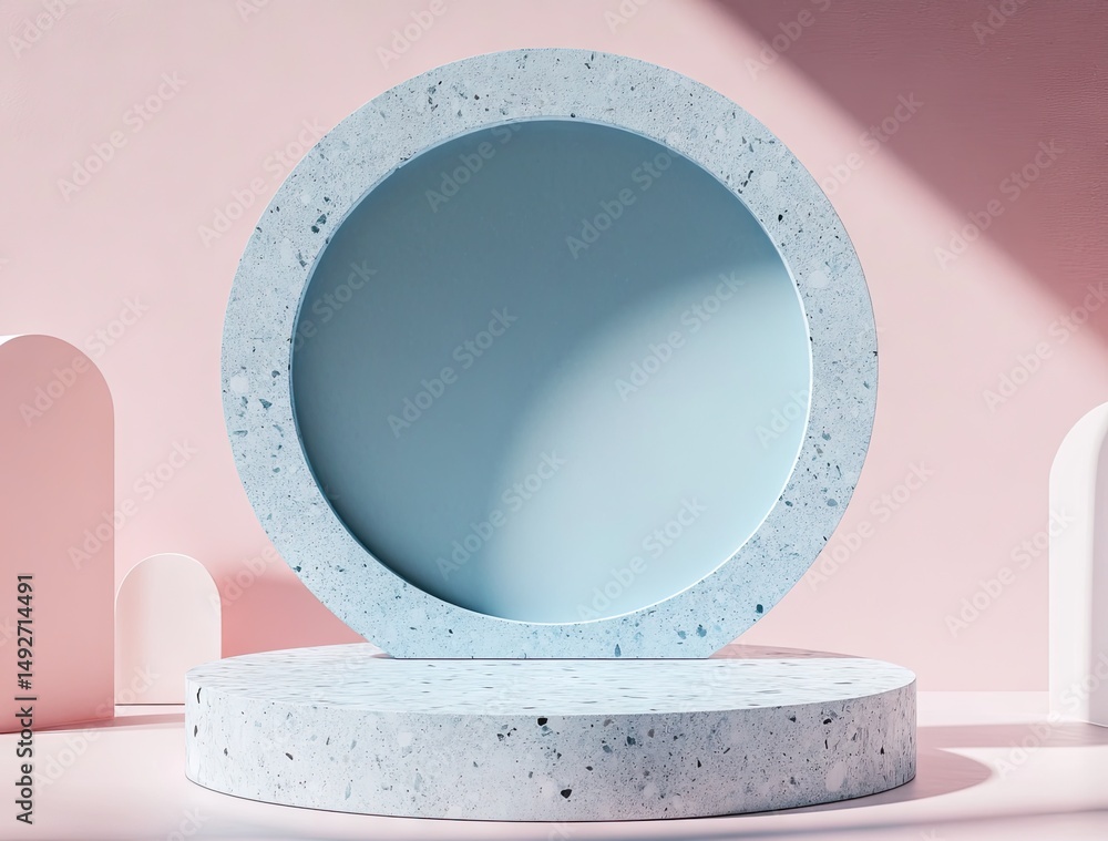 Poster a serene display featuring a circular mirror set on a textured pedestal. surrounded by minimalist de
