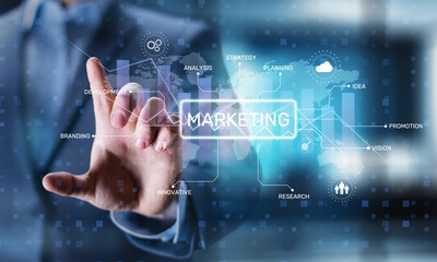 Marketing Strategy and Development Concept Illustrated on Virtual Interface.