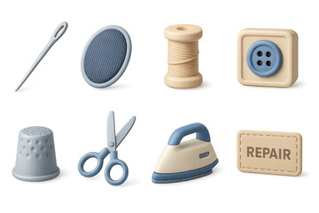 Obraz premium Sewing and tailoring 3d icons set – needlework, crafting, design elements