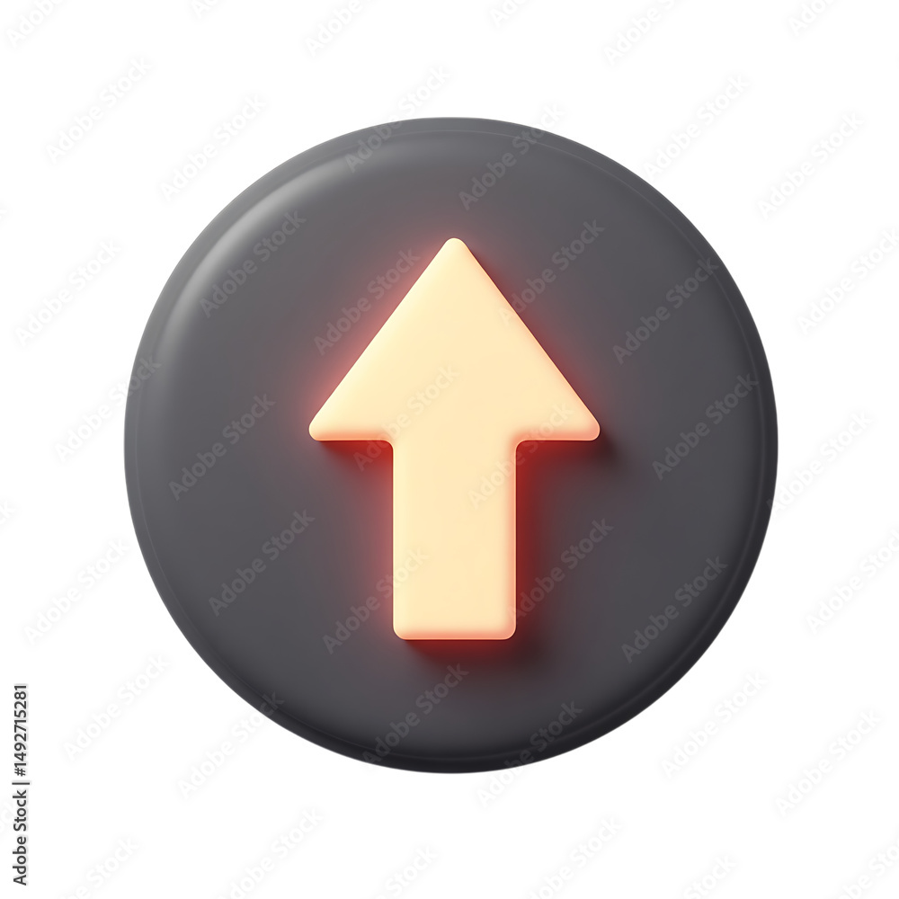 Poster upward arrow on gray button isolated on black background 3d render
