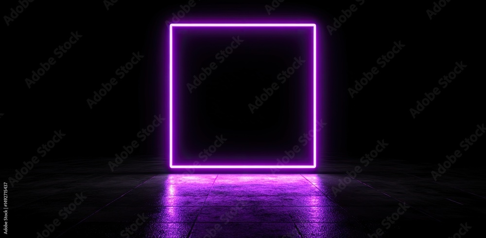 Aufkleber a glowing neon square frame illuminates a dark. reflective floor. creating a striking contrast in a 