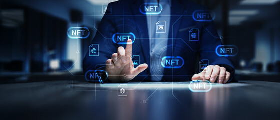 NFT Technology and Digital Asset Authentication Illustrated on a Virtual Blockchain Interface.