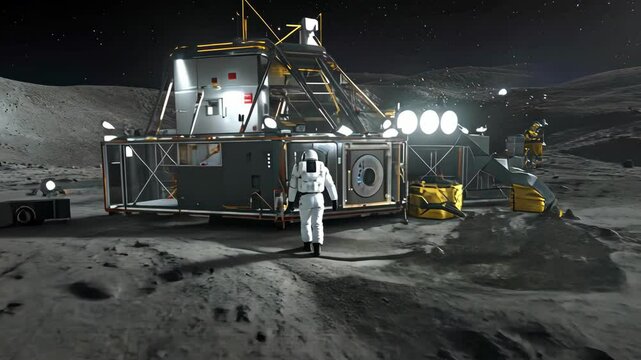astronaut approaches base structure on lunar surface during moon mission with starry sky view